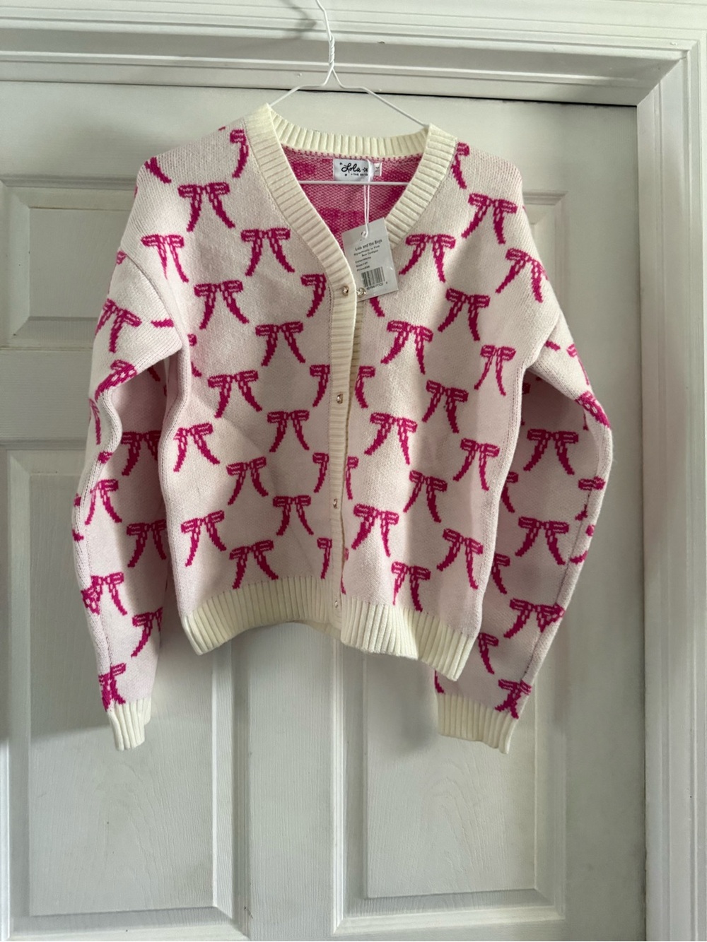 NWT Lola + The Boys Pretty In Pink Bow Cardigan Heart Buttons Girls 14 Preppy